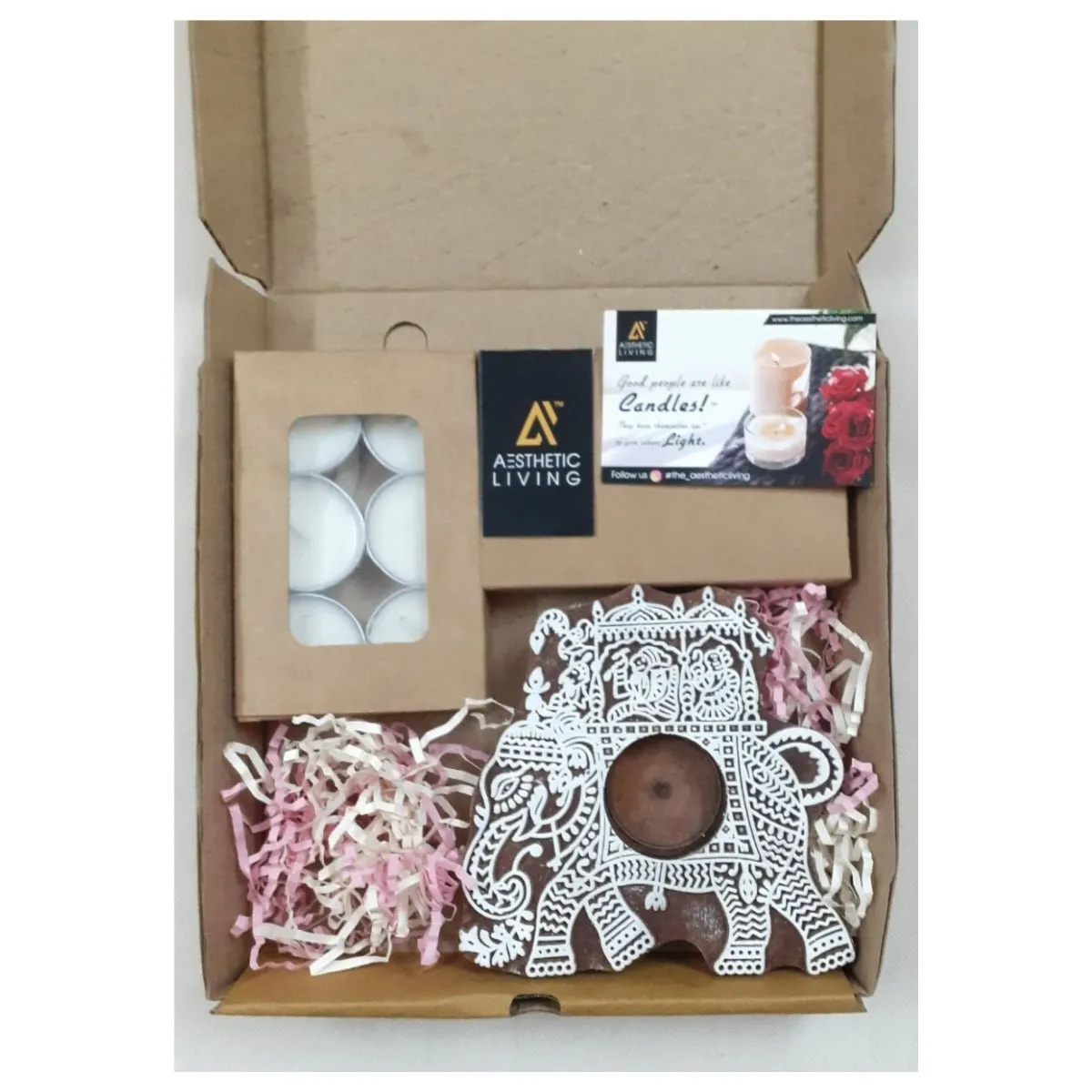 Airavat Wooden T- Light Holder with a pack of 6 soywax t- light candles