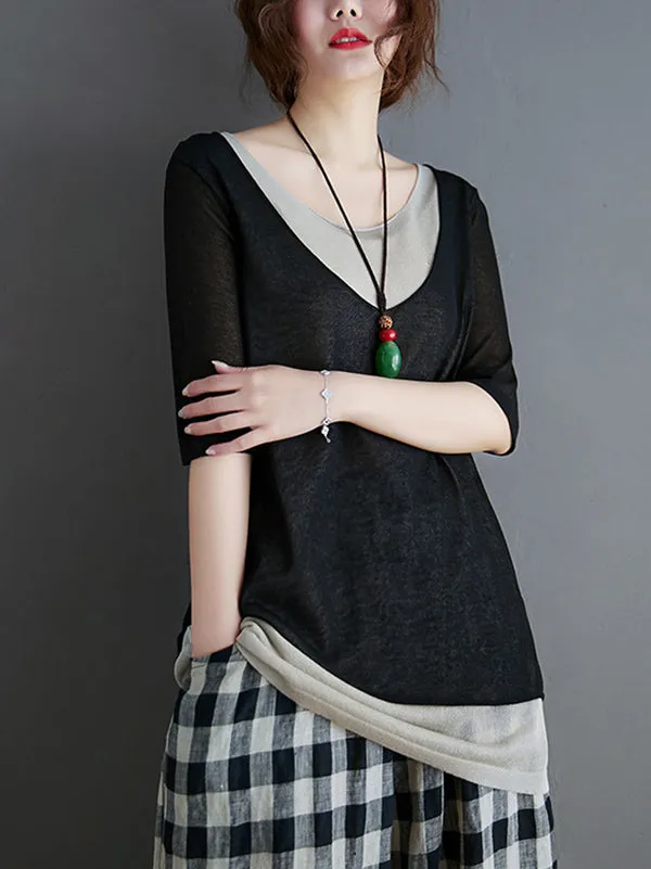 Artistic False Two Loose Ramie Cotton Half Sleeve Shirt