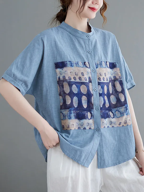 Artistic Retro Loose Applique Printed Blouse