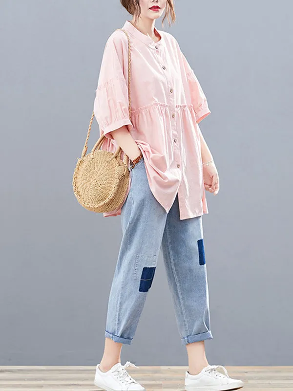 Artistic Retro Loose Half Sleeves Pleated Falbala Split-Joint Solid Color Blouses