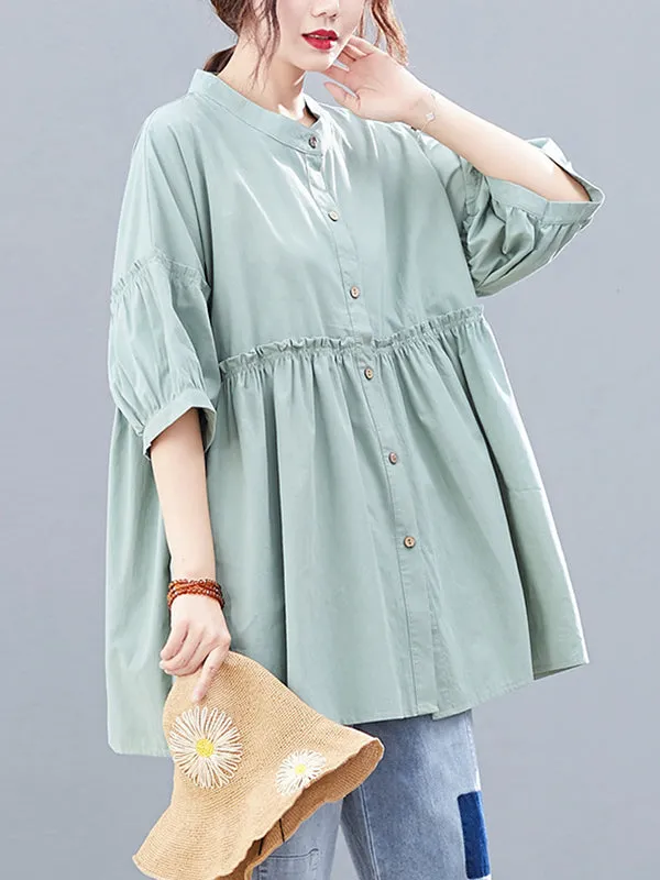 Artistic Retro Loose Half Sleeves Pleated Falbala Split-Joint Solid Color Blouses