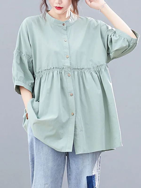 Artistic Retro Loose Half Sleeves Pleated Falbala Split-Joint Solid Color Blouses