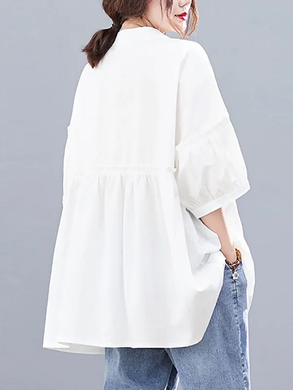 Artistic Retro Loose Half Sleeves Pleated Falbala Split-Joint Solid Color Blouses