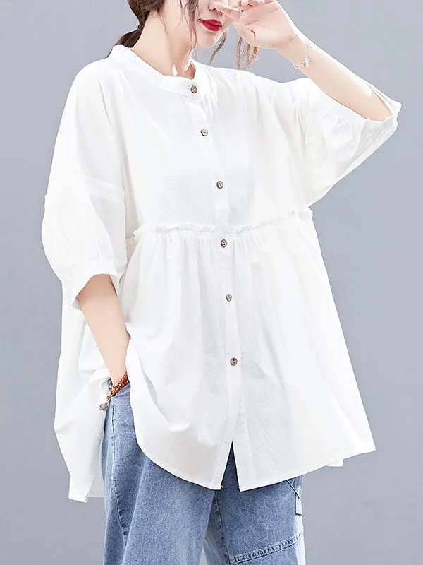 Artistic Retro Loose Half Sleeves Pleated Falbala Split-Joint Solid Color Blouses