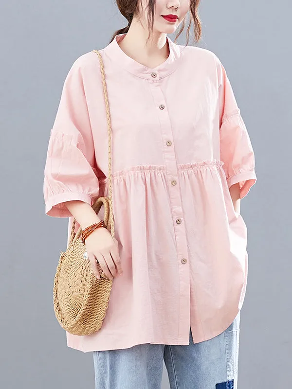 Artistic Retro Loose Half Sleeves Pleated Falbala Split-Joint Solid Color Blouses