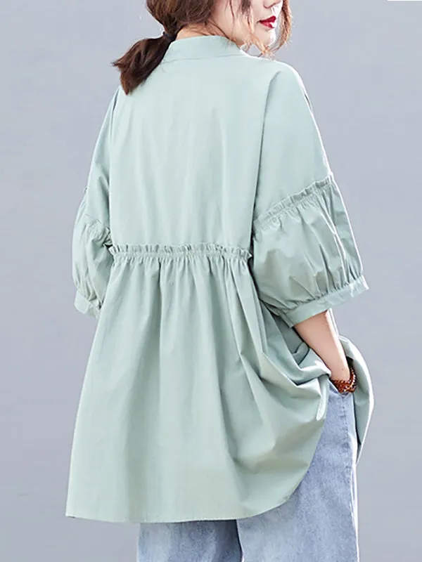 Artistic Retro Loose Half Sleeves Pleated Falbala Split-Joint Solid Color Blouses