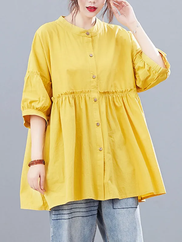 Artistic Retro Loose Half Sleeves Pleated Falbala Split-Joint Solid Color Blouses