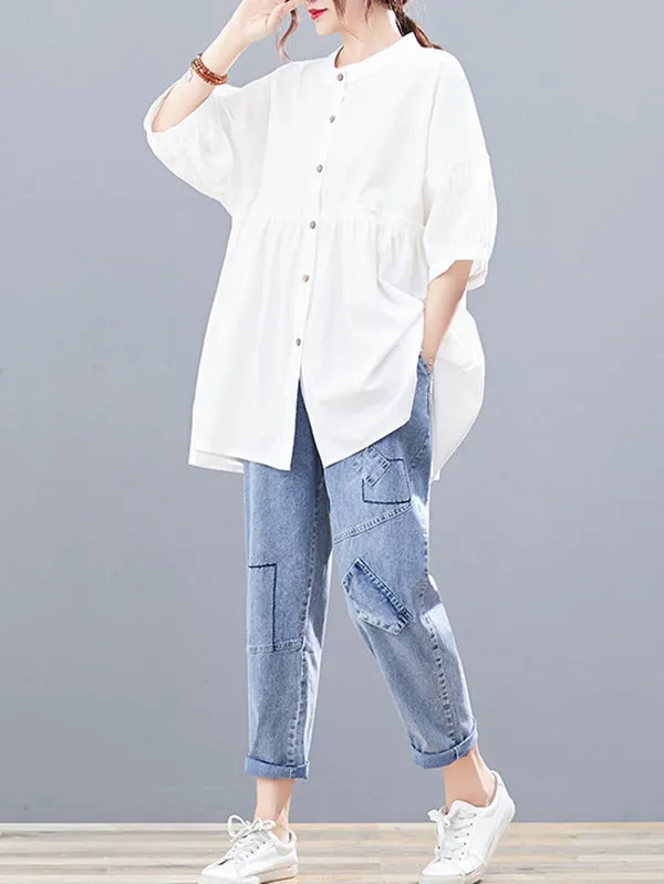 Artistic Retro Loose Half Sleeves Pleated Falbala Split-Joint Solid Color Blouses