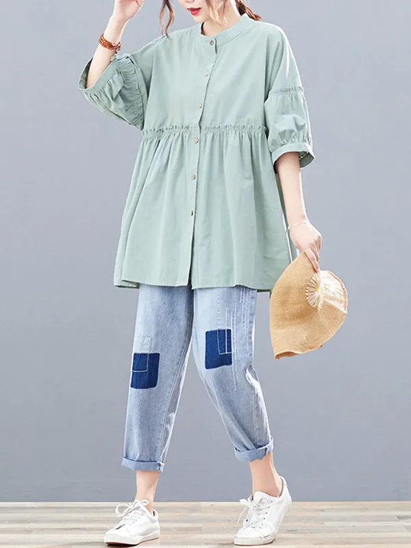 Artistic Retro Loose Half Sleeves Pleated Falbala Split-Joint Solid Color Blouses