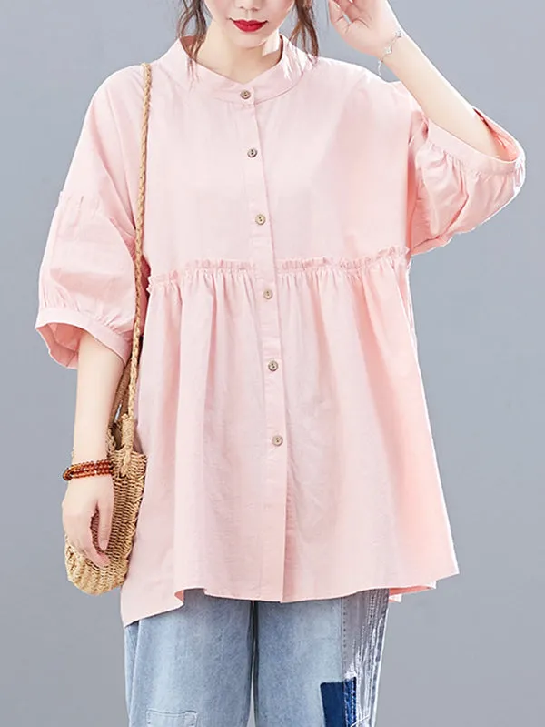 Artistic Retro Loose Half Sleeves Pleated Falbala Split-Joint Solid Color Blouses