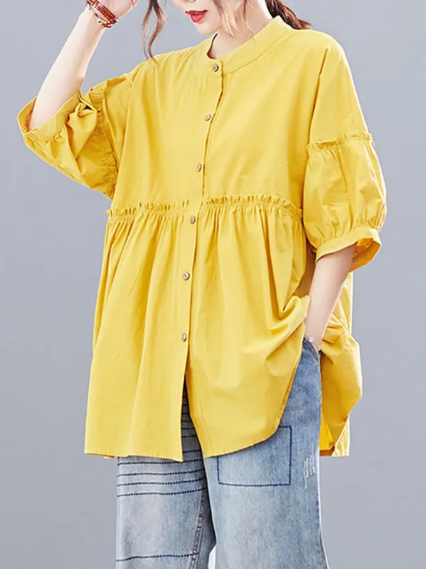 Artistic Retro Loose Half Sleeves Pleated Falbala Split-Joint Solid Color Blouses