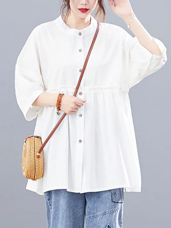 Artistic Retro Loose Half Sleeves Pleated Falbala Split-Joint Solid Color Blouses