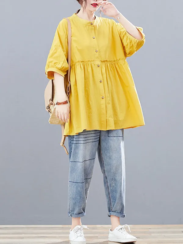 Artistic Retro Loose Half Sleeves Pleated Falbala Split-Joint Solid Color Blouses