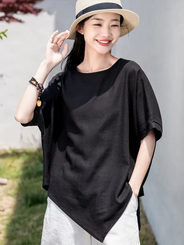 Artistic Retro Loose Linen Asymmetric T-Shirt Top