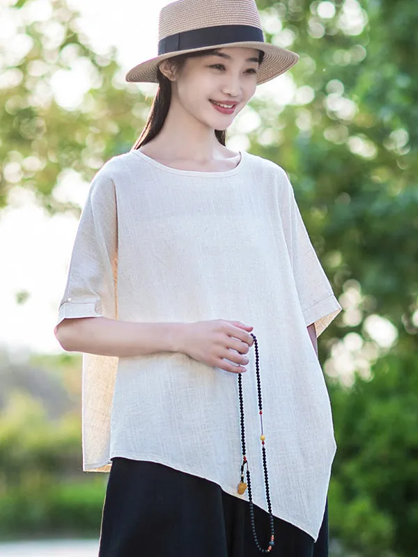 Artistic Retro Loose Linen Asymmetric T-Shirt Top