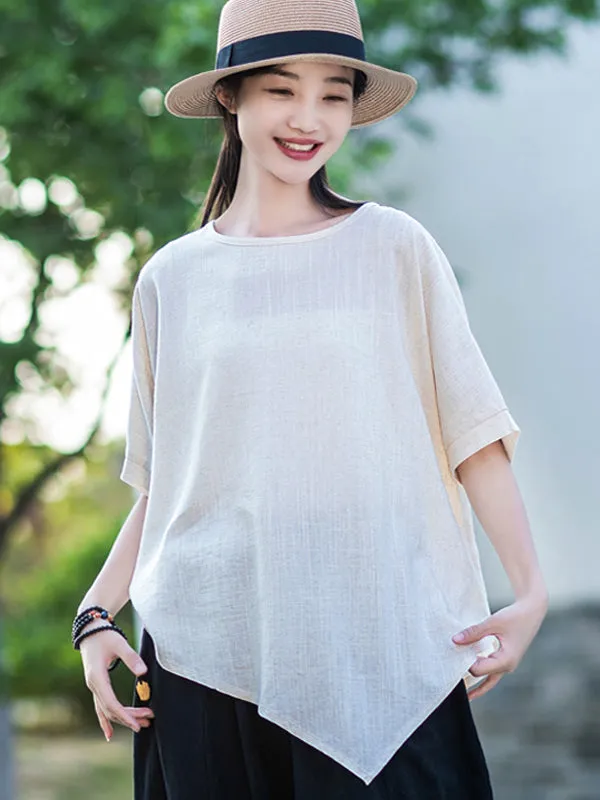 Artistic Retro Loose Linen Asymmetric T-Shirt Top