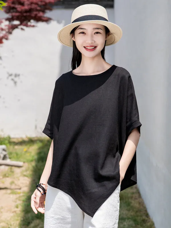 Artistic Retro Loose Linen Asymmetric T-Shirt Top