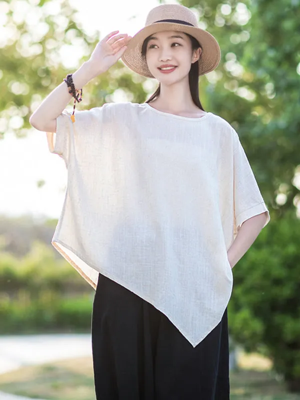 Artistic Retro Loose Linen Asymmetric T-Shirt Top