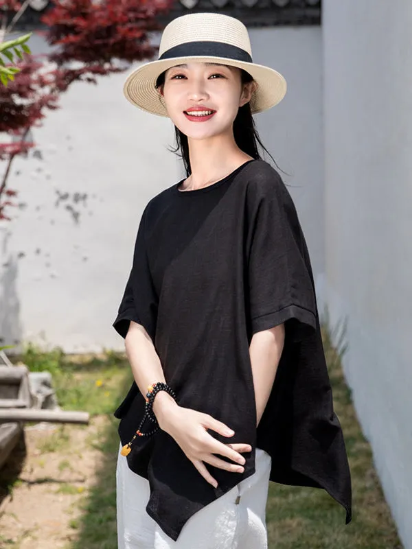 Artistic Retro Loose Linen Asymmetric T-Shirt Top