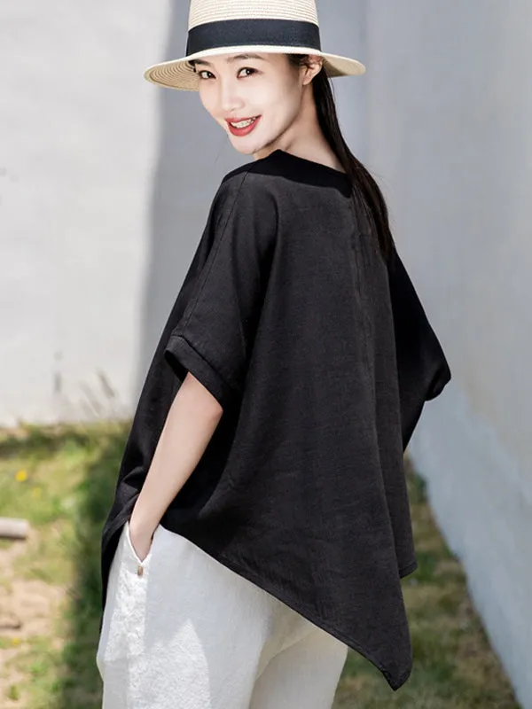 Artistic Retro Loose Linen Asymmetric T-Shirt Top