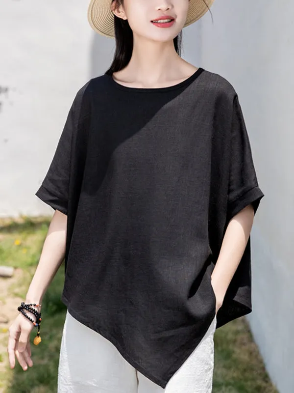 Artistic Retro Loose Linen Asymmetric T-Shirt Top