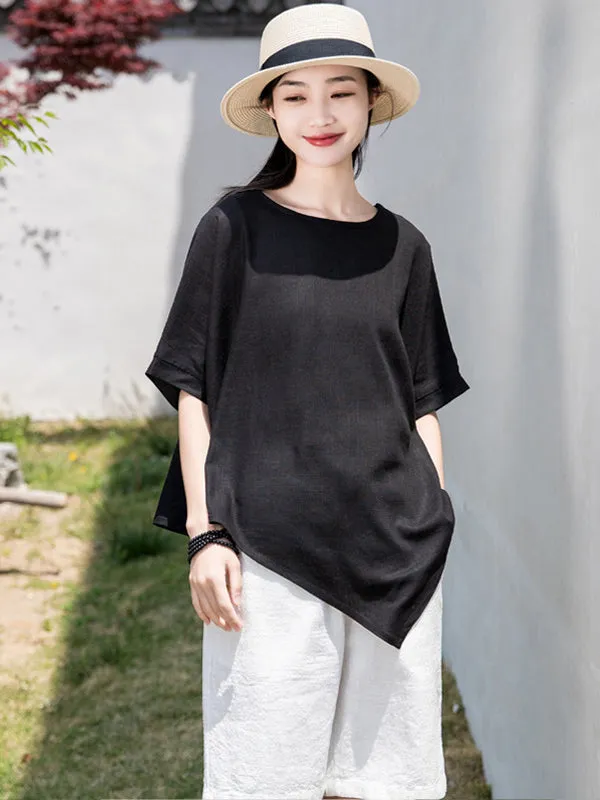 Artistic Retro Loose Linen Asymmetric T-Shirt Top