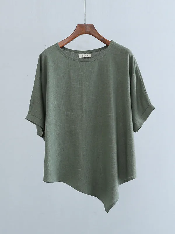 Artistic Retro Loose Linen Asymmetric T-Shirt Top