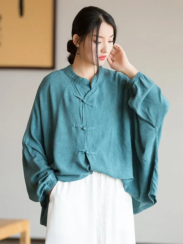 Artistic Retro Loose Long Sleeves Buttoned Solid Color Stand Collar Blouses&Shirts Tops