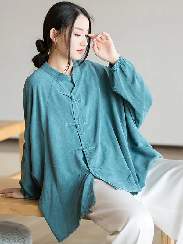 Artistic Retro Loose Long Sleeves Buttoned Solid Color Stand Collar Blouses&Shirts Tops