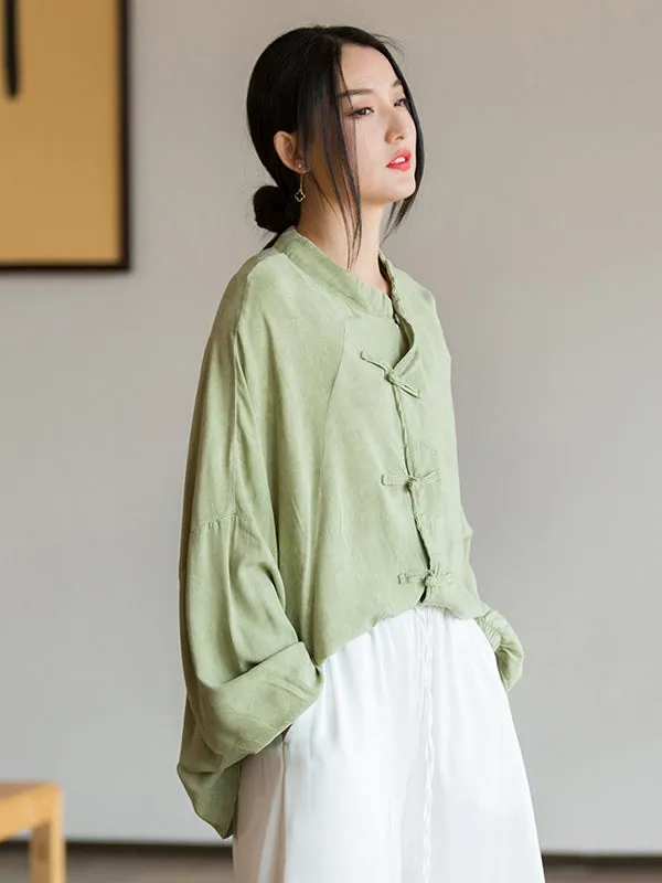 Artistic Retro Loose Long Sleeves Buttoned Solid Color Stand Collar Blouses&Shirts Tops