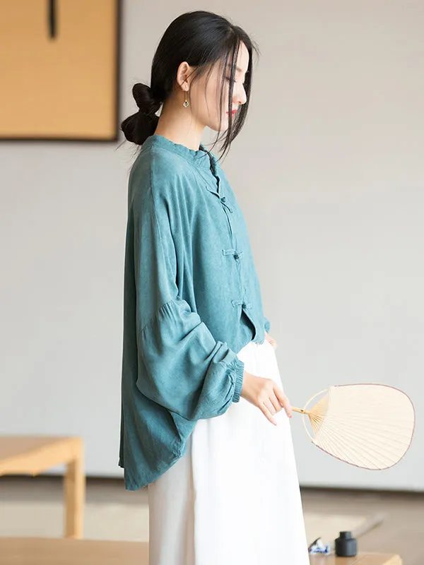 Artistic Retro Loose Long Sleeves Buttoned Solid Color Stand Collar Blouses&Shirts Tops