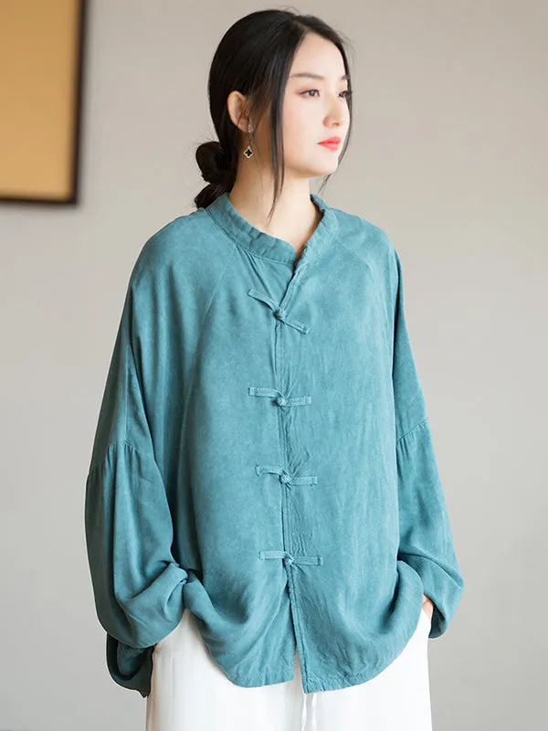 Artistic Retro Loose Long Sleeves Buttoned Solid Color Stand Collar Blouses&Shirts Tops