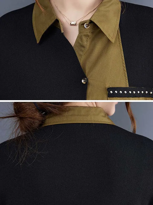 Artistic Retro Loose Split-Joint With Pocket Buttoned Lapel Collar Long Sleeves False Two Blouse