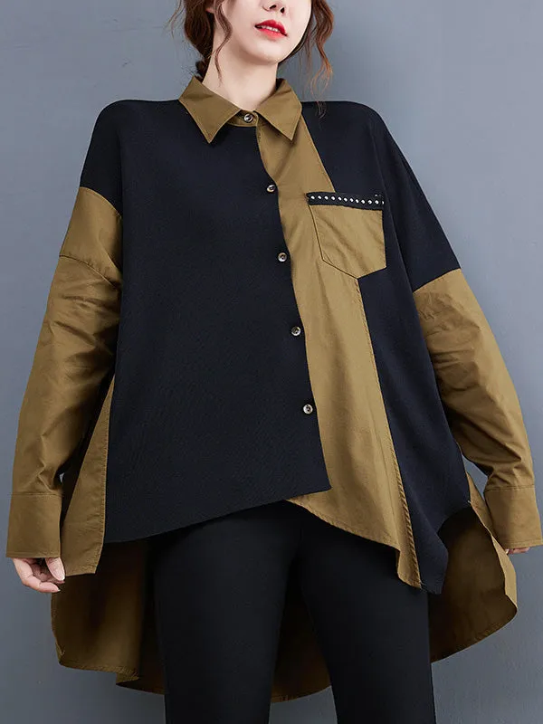 Artistic Retro Loose Split-Joint With Pocket Buttoned Lapel Collar Long Sleeves False Two Blouse