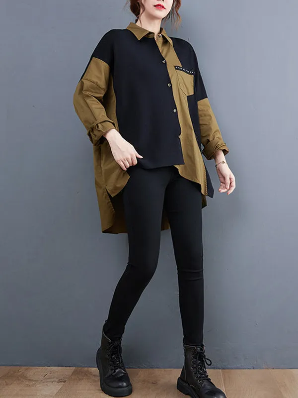 Artistic Retro Loose Split-Joint With Pocket Buttoned Lapel Collar Long Sleeves False Two Blouse