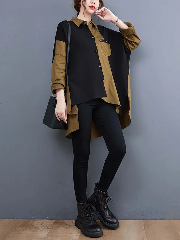 Artistic Retro Loose Split-Joint With Pocket Buttoned Lapel Collar Long Sleeves False Two Blouse