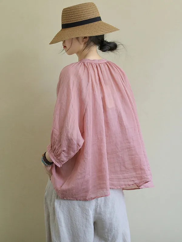 Black&Pink High-Low Half Sleeve Ramie Cotton Loose Shirt