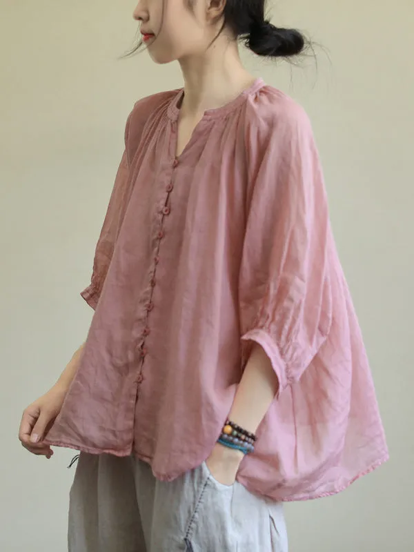 Black&Pink High-Low Half Sleeve Ramie Cotton Loose Shirt