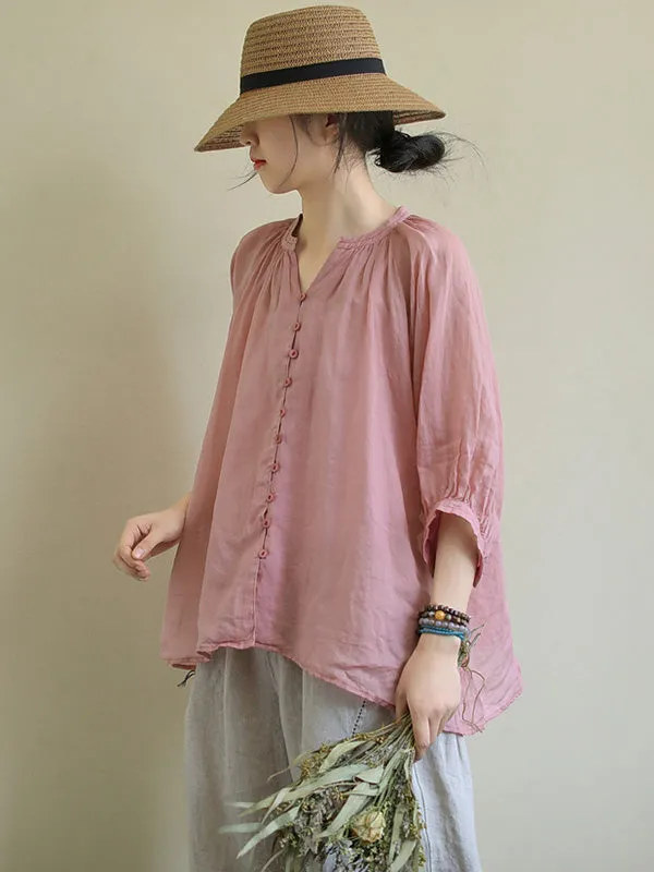 Black&Pink High-Low Half Sleeve Ramie Cotton Loose Shirt