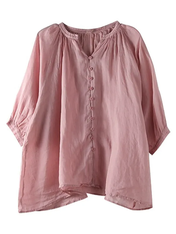 Black&Pink High-Low Half Sleeve Ramie Cotton Loose Shirt