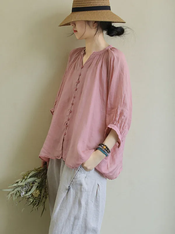 Black&Pink High-Low Half Sleeve Ramie Cotton Loose Shirt