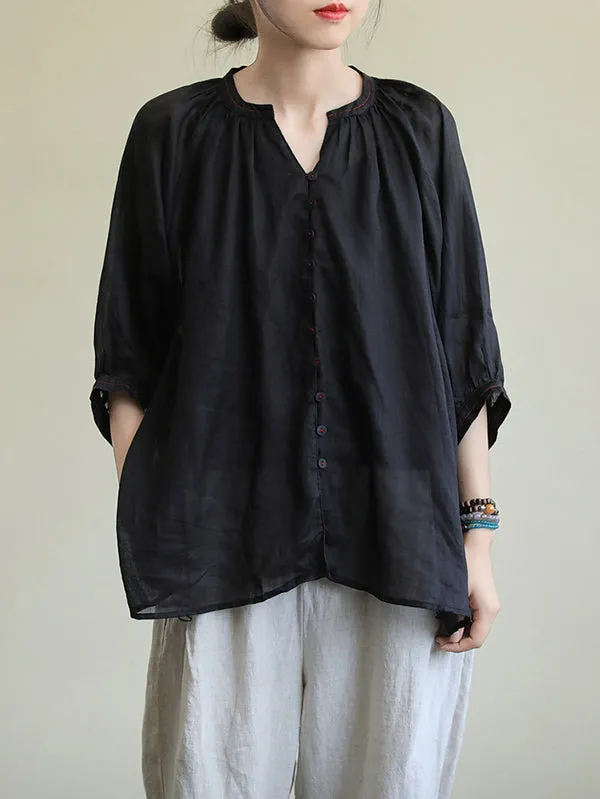 Black&Pink High-Low Half Sleeve Ramie Cotton Loose Shirt