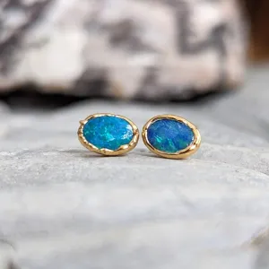 Blue Australian Opal stud earrings in 18k Gold