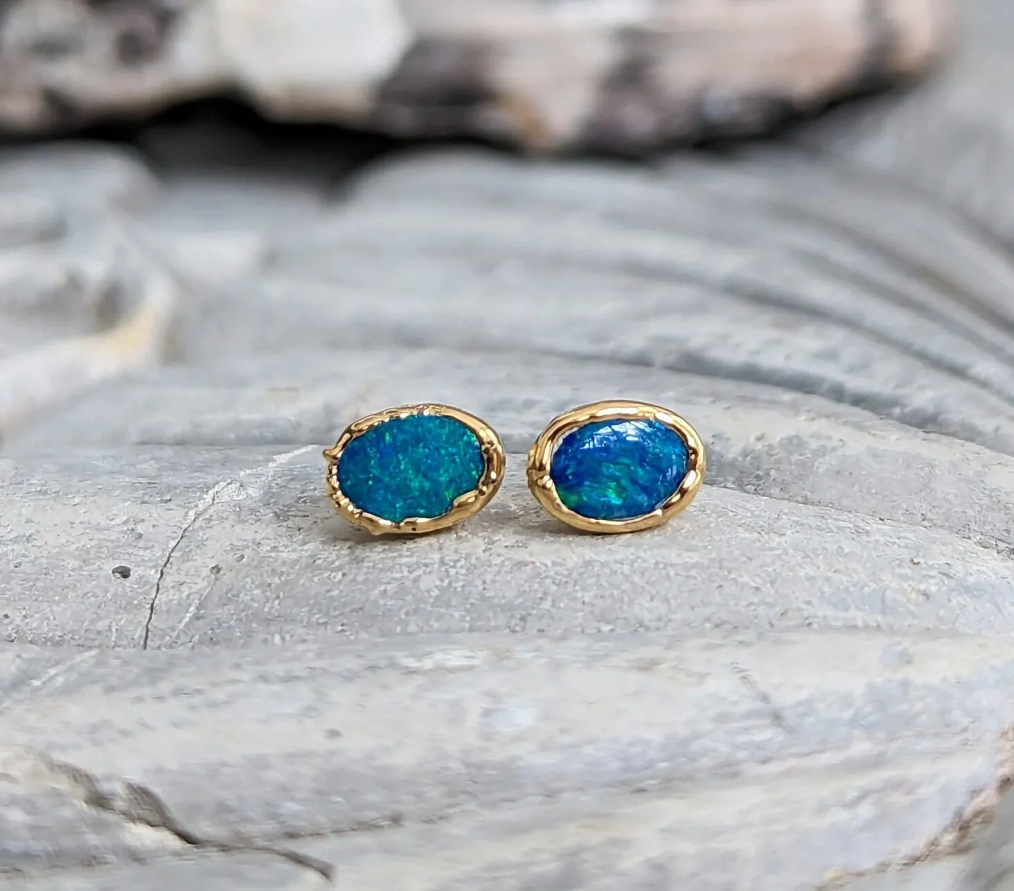 Blue Australian Opal stud earrings in 18k Gold