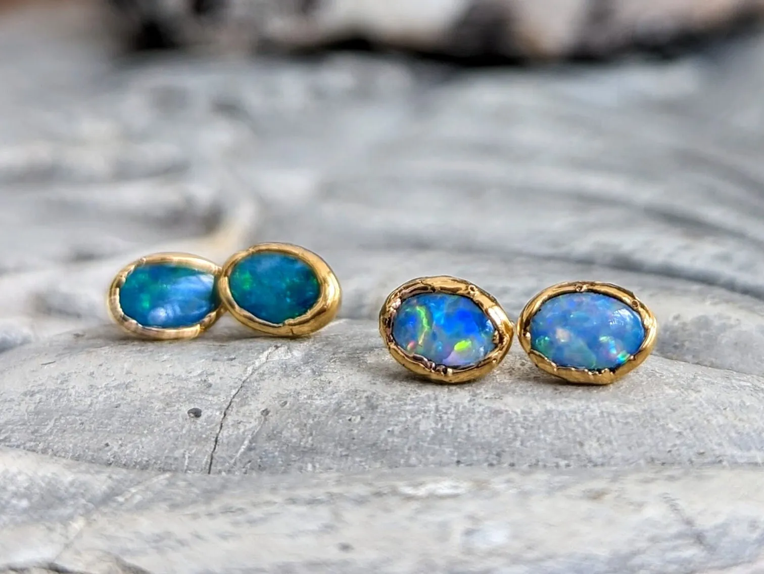 Blue Australian Opal stud earrings in 18k Gold