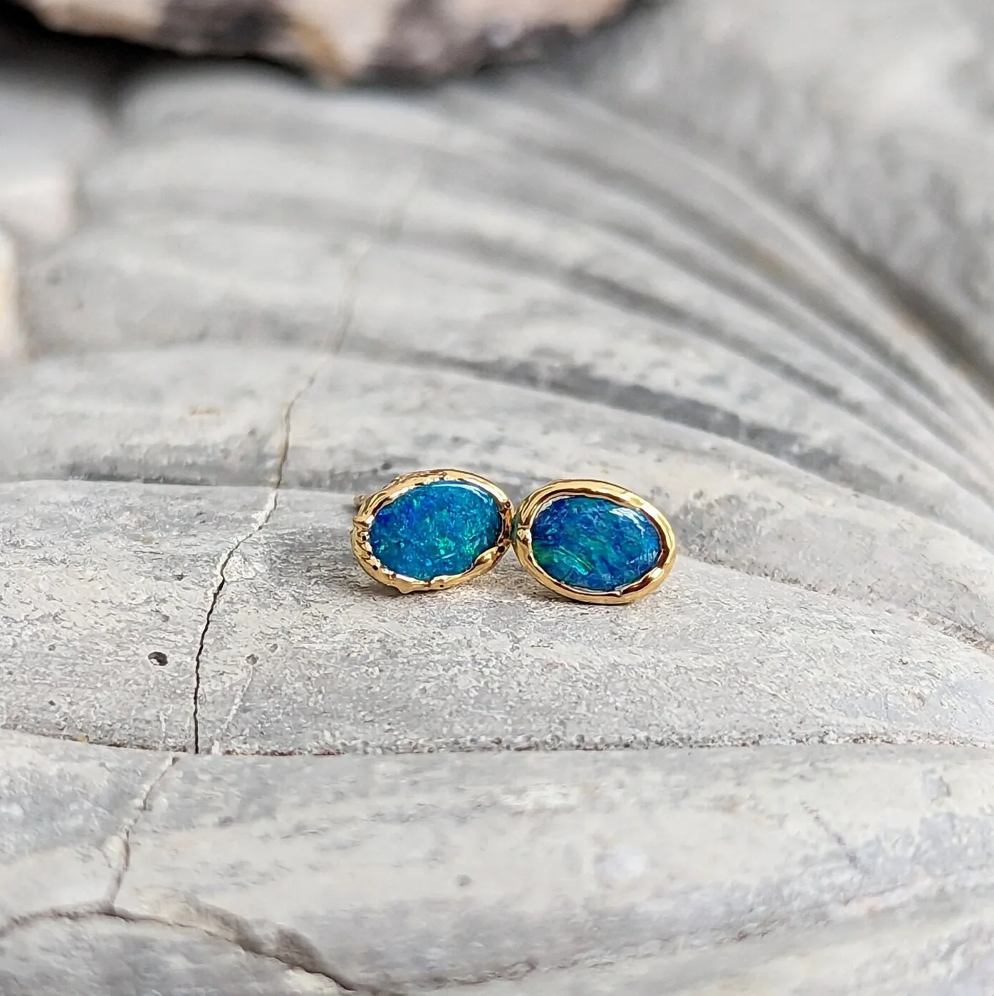 Blue Australian Opal stud earrings in 18k Gold