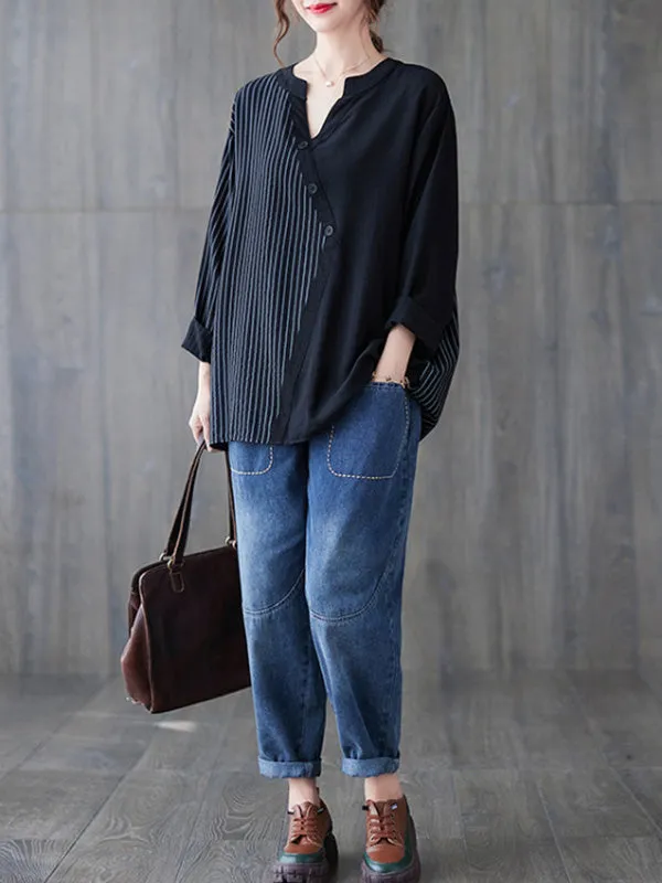 Casual Loose Long Sleeves Striped Split-Joint V-Neck T-Shirts Tops