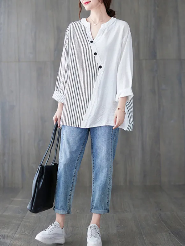 Casual Loose Long Sleeves Striped Split-Joint V-Neck T-Shirts Tops