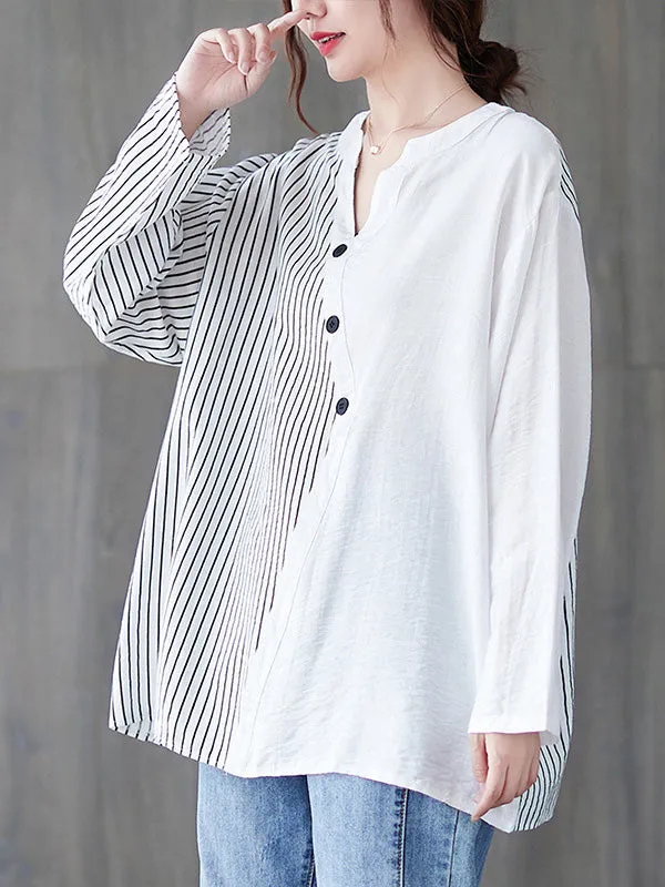 Casual Loose Long Sleeves Striped Split-Joint V-Neck T-Shirts Tops