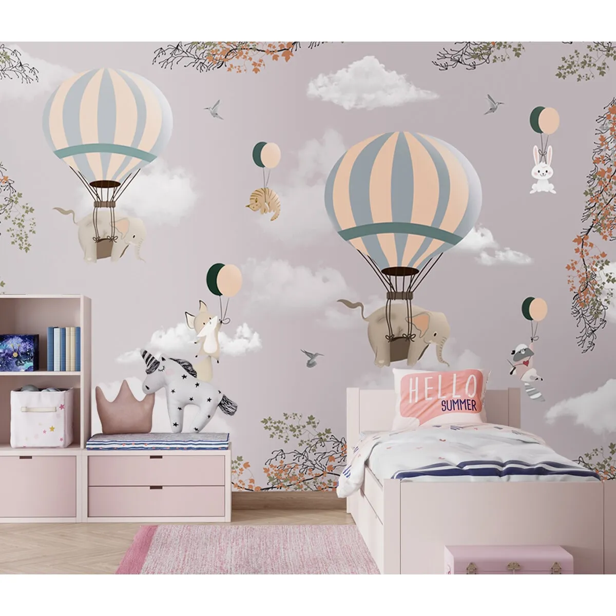 Flying Animals on Hot Air Balloons Wallpaper Design for Kids, Customised